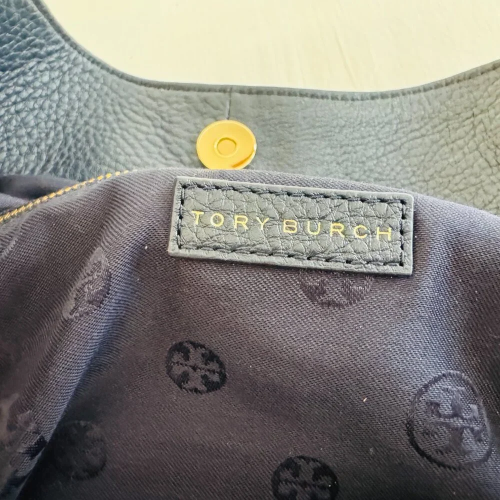 Tory Burch THEA Navy Blue Pebbled Leather‎ Gold Chain Shoulder Tote Bag
